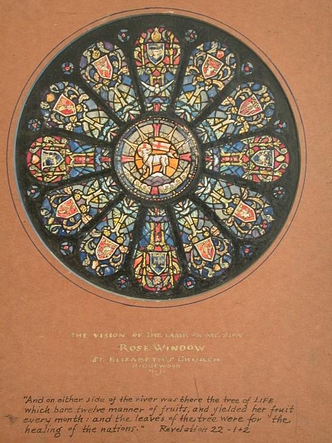 [Design drawing for stained glass rose window "The Vision...