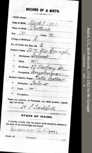 William Edward McGonigle--Maine, U.S., Birth Records, 1715-1922(1902)