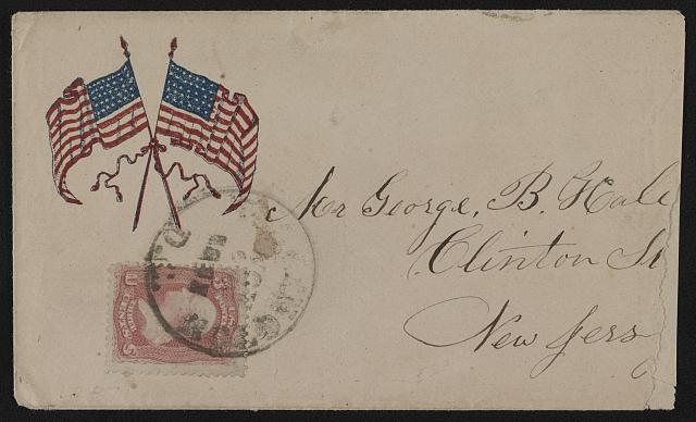 [Civil War envelope showing two American flags tied with...