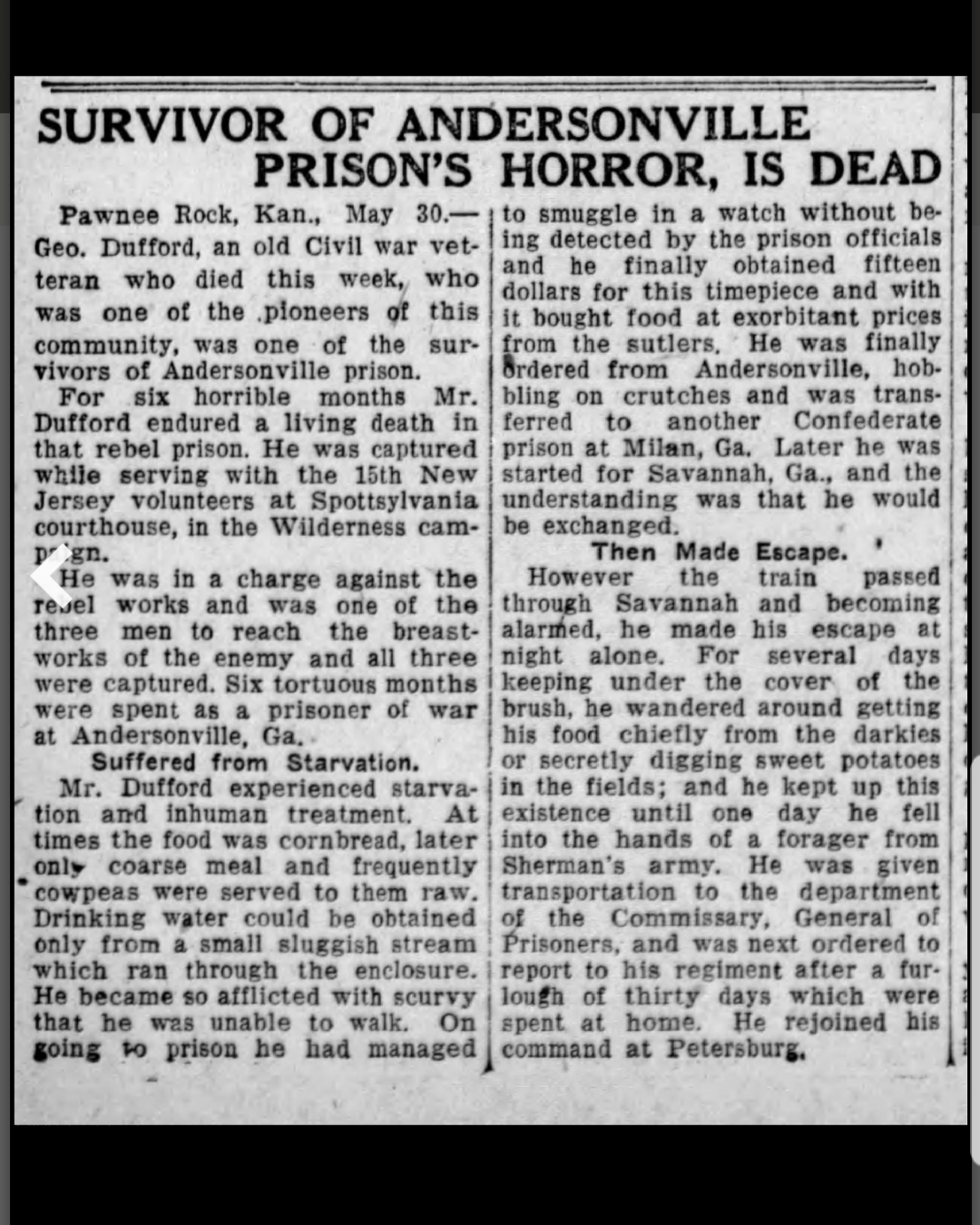 George S. Dufford The Hutchinson News Paper Andersonville War Survivor 