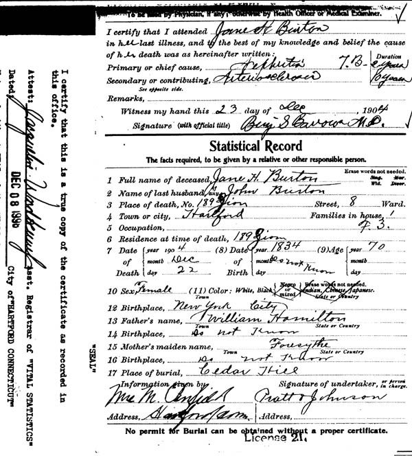 Death Cert of Jane Burton 