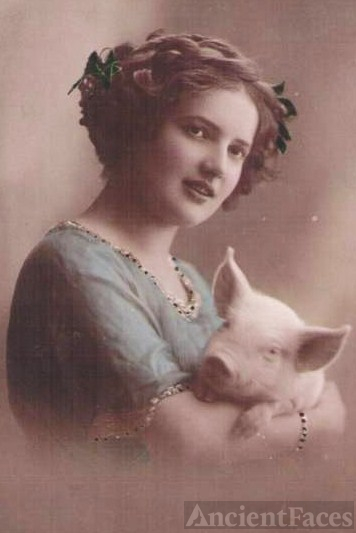 Young Woman and Her Pet Piglet