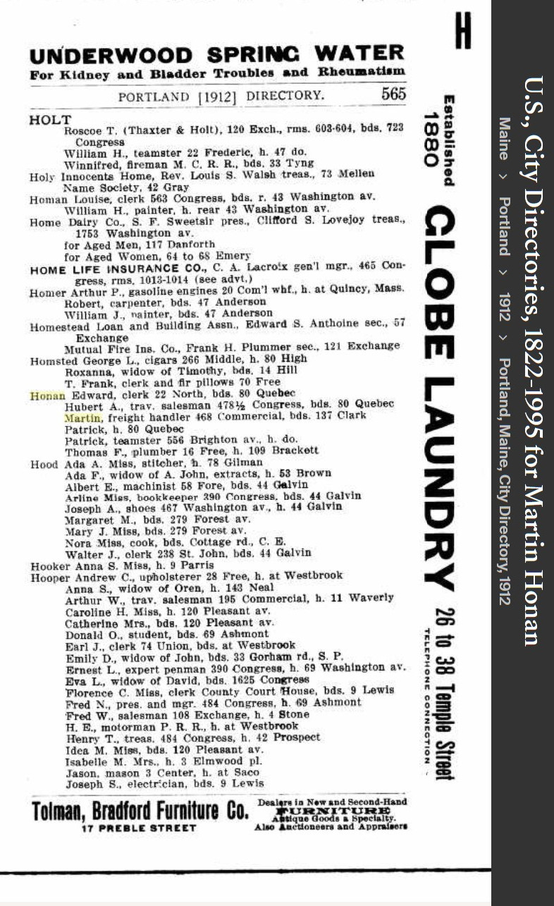 Martin Matthew Honan Sr--U.S., City Directories, 1822-1995(1912)
