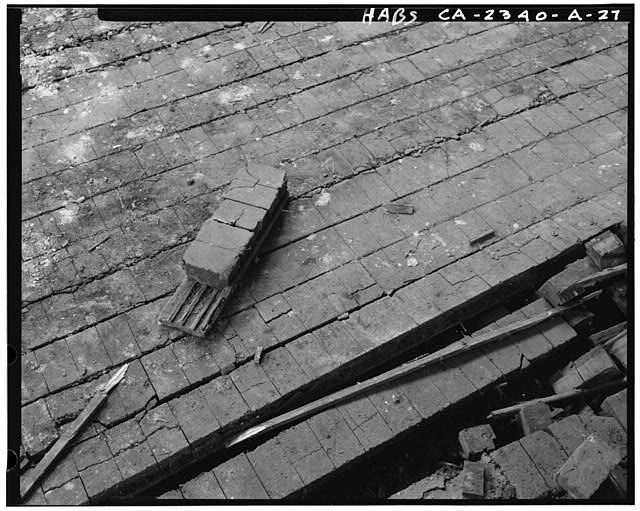 Detail of wood block flooring, first floor interior of...