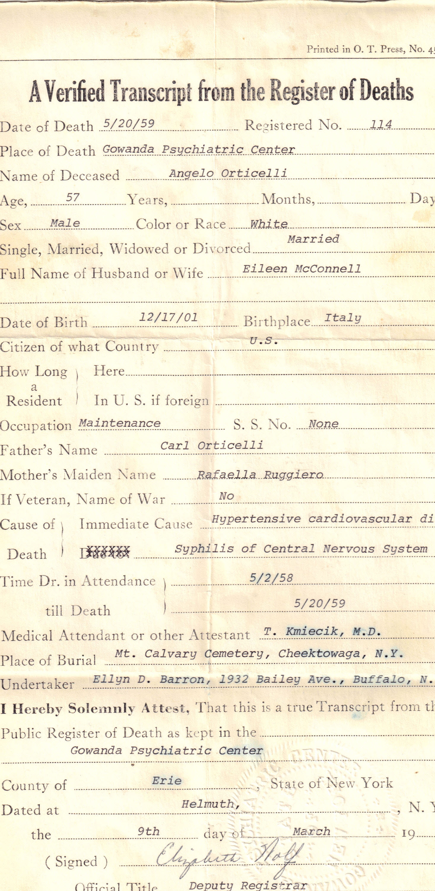 Angelo Orticelli Death Register