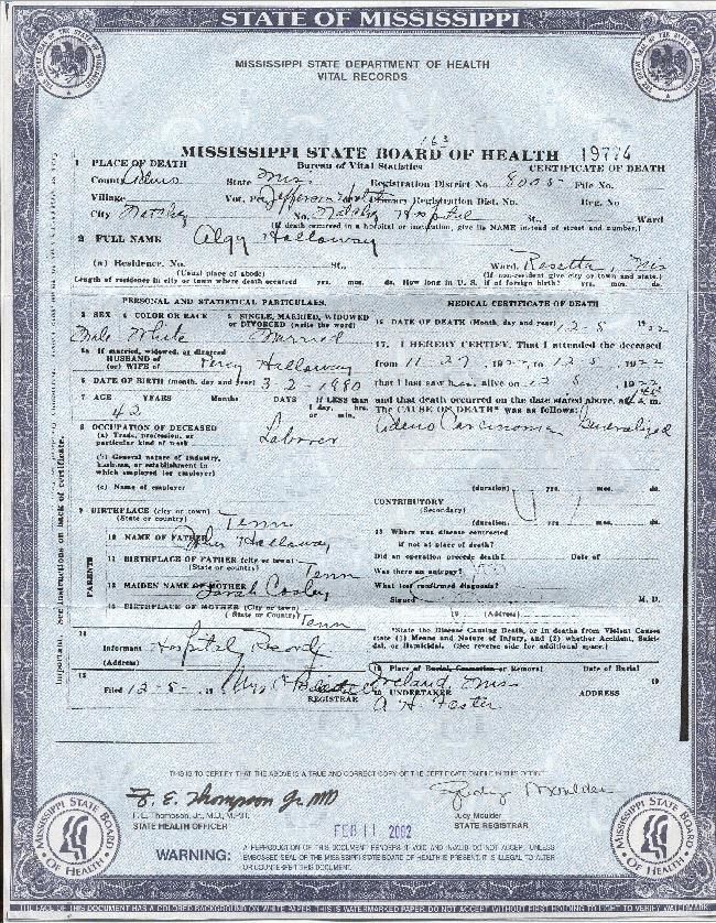 Algie Holloway Death Certificate