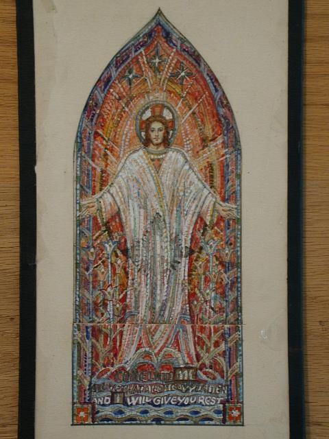 [Design drawing for mural with text "Come Unto Me All You...