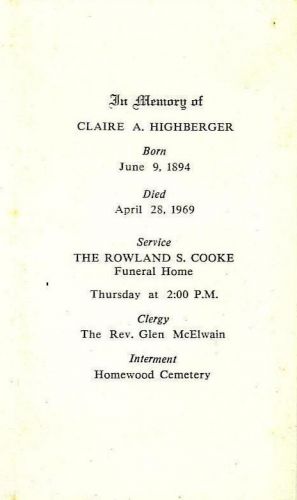 Claire Anna Streicher funeral card
