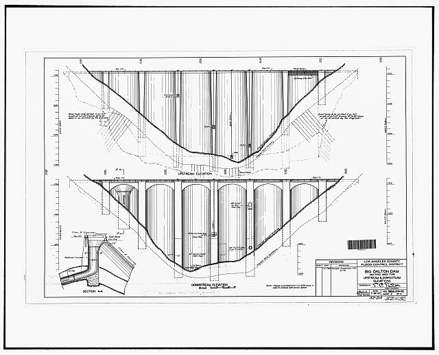 18. UPSTREAM AND DOWNSTREAM ELEVATIONS OF BIG DALTON DAM,...