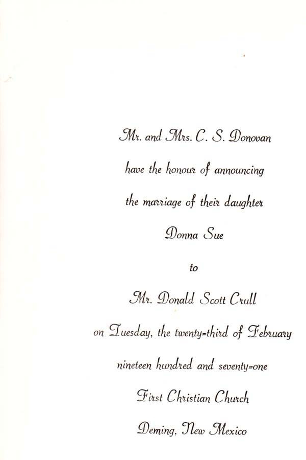Donna Sue Crull, 1971 wedding announcement