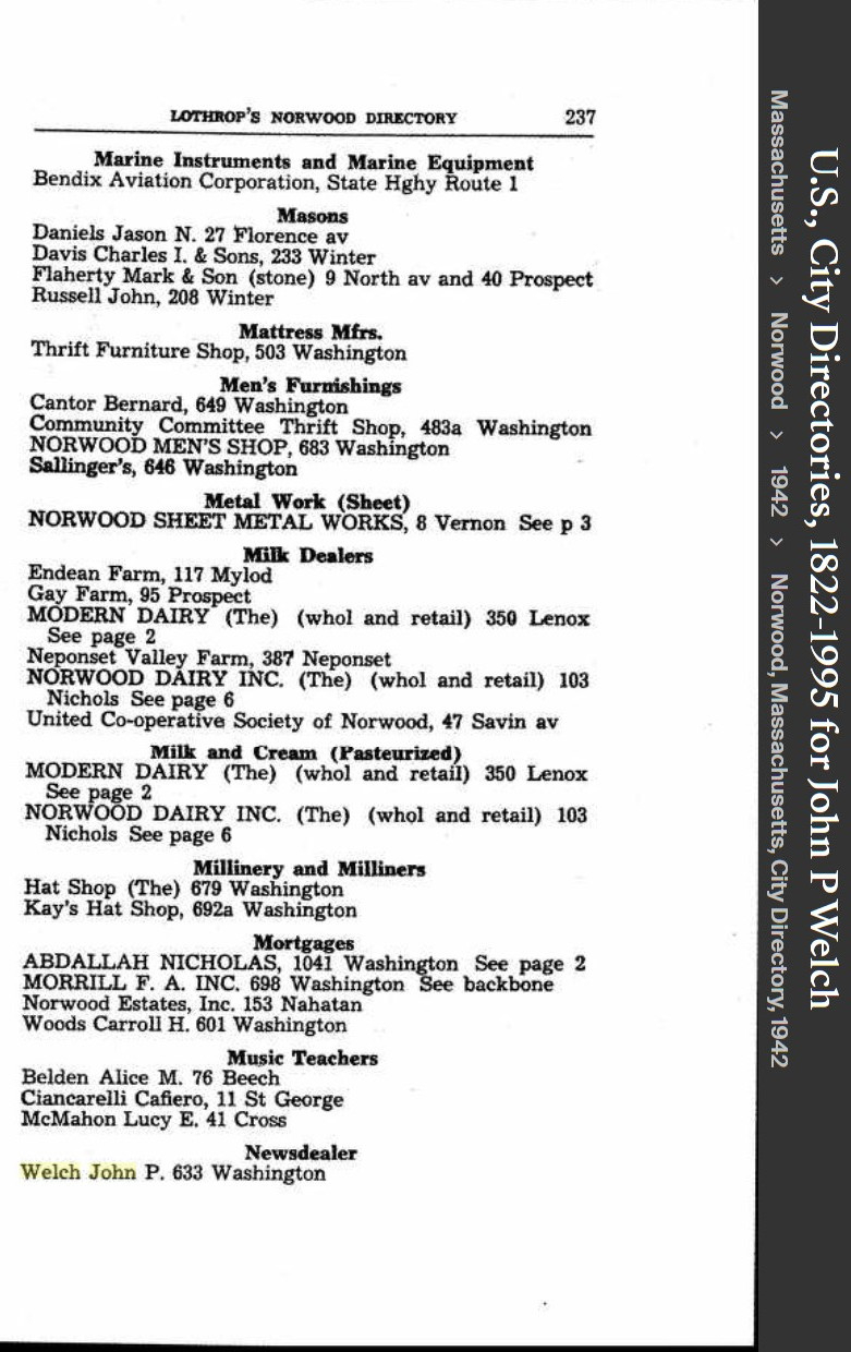 John Patrick Welch --U.S., City Directories, 1822-1995(1942)business