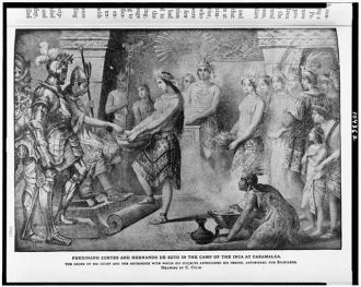 Ferdinand Cortes and Hernando de Soto in the camp of the...