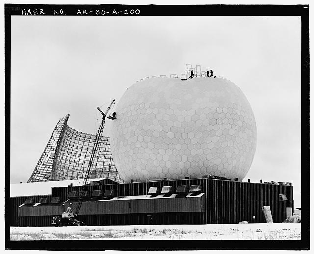 100. View of TR radome construction showing crane...