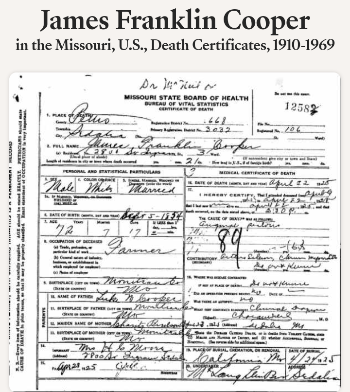 James Franklin Cooper death certificate 