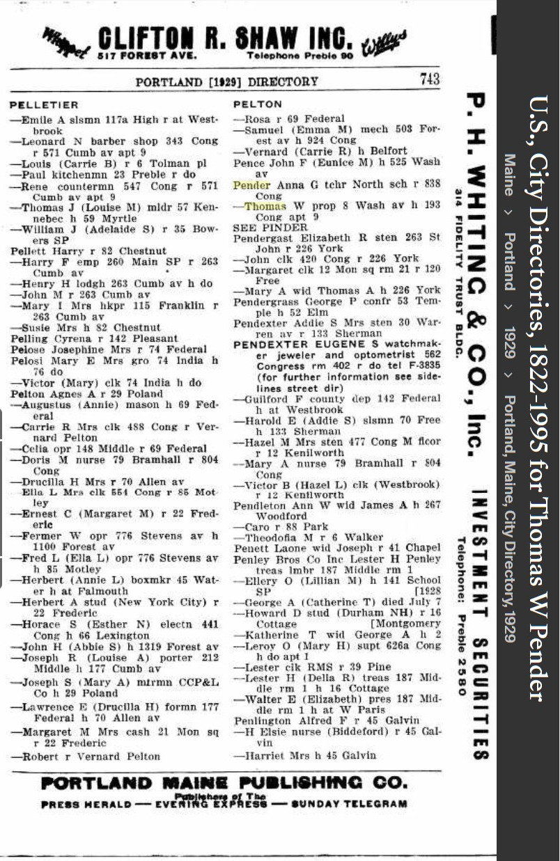 Thomas William Pender Sr --U.S., City Directories, 1822-1995(1929)