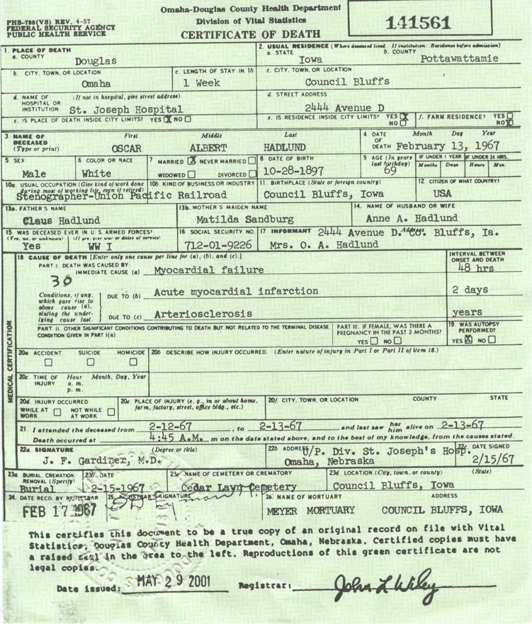 Death Certificate for Ocsar Albert Hadlund