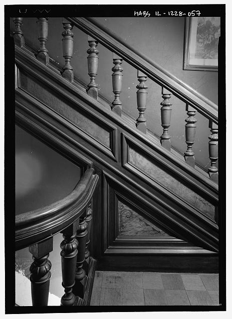 Second floor, stairway, riser, carved panel, balusters,...