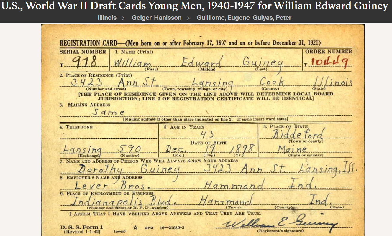 William Edward Guiney--U.S., World War II Draft Cards Young Men, 1940-1947(16 feb 1942)front