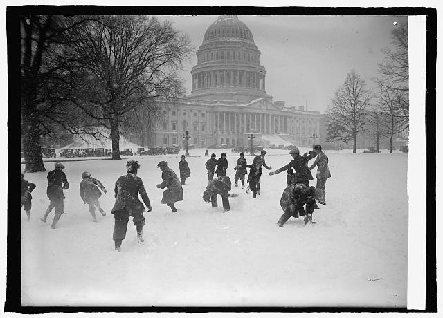 Senate pages in snow ball battle at Capitol, [Washington,...