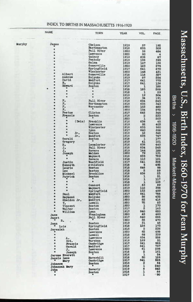 Jean Elaine Murphy-Honan--Massachusetts, U.S., Birth Index, 1860-1970(1919)