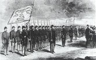 Lucy Holcombe Pickens reviewing the 1st South Caroline Infantry regiment and recieving the flag
