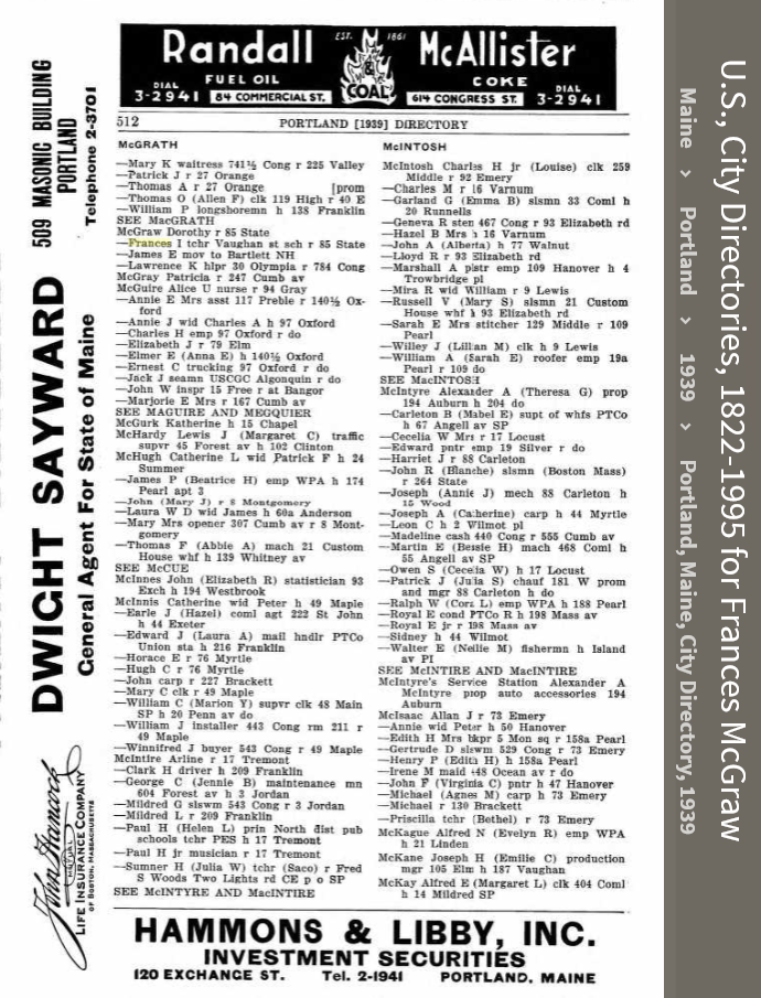 Frances Irene (Connellan) McGraw--U.S., City Directories, 1822-1995(1939)