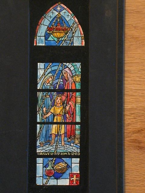 [Design drawing for stained glass window with Hannah...