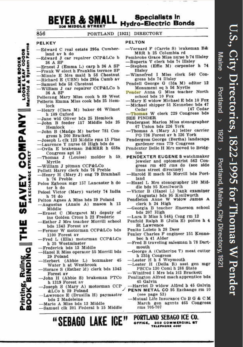Thomas William Pender Sr --U.S., City Directories, 1822-1995(1921)