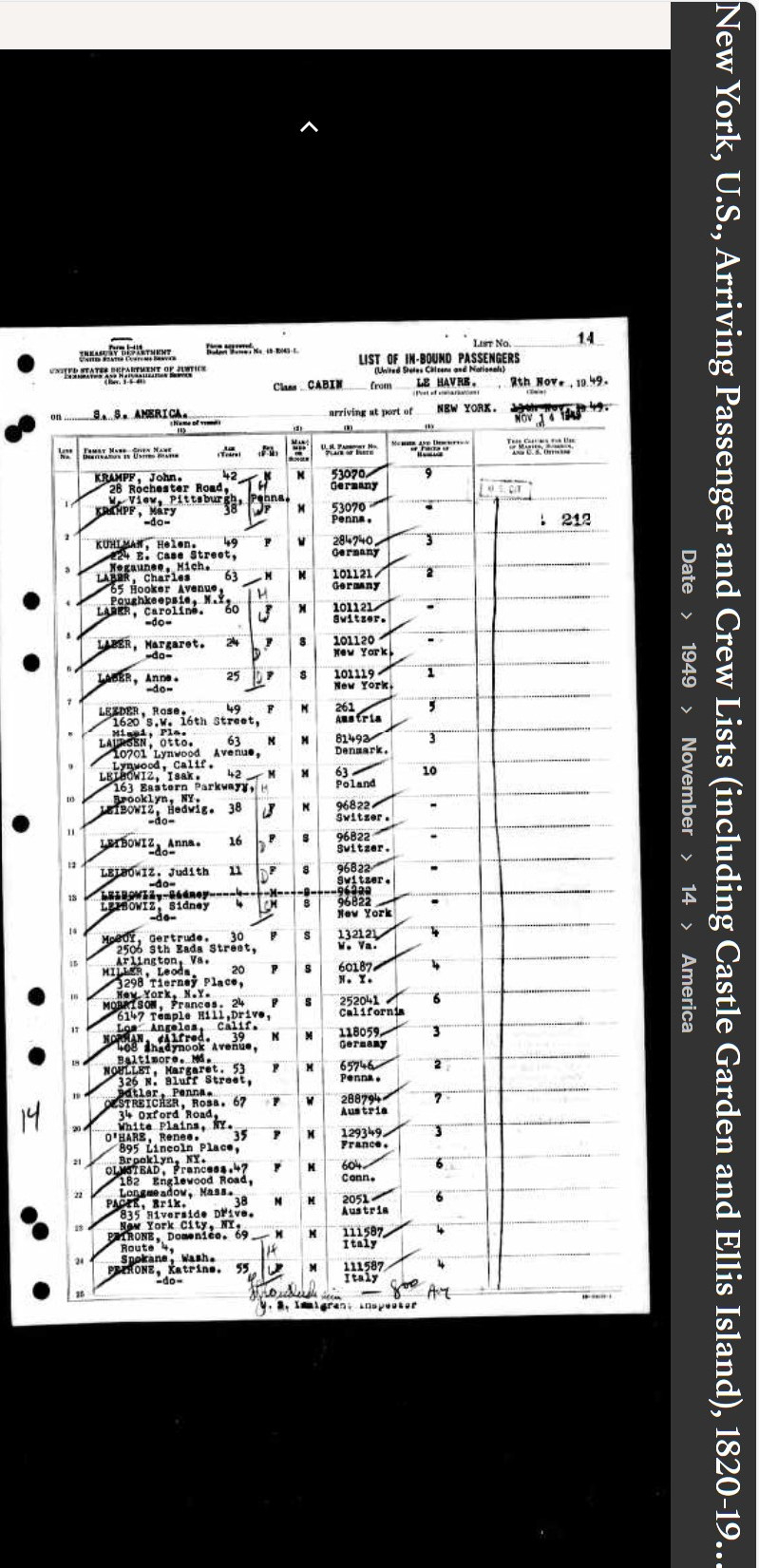 Renee H Georgette-O'Hare--New York, U.S., Arriving Passenger and Crew Lists (including Castle Garden and Ellis Island), 1820-1957(14 nov 1949)