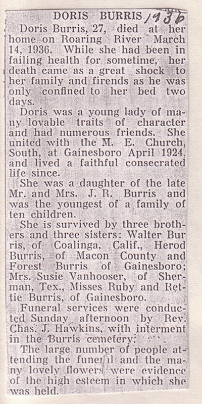 Doris BURRIS obit. (1905-1936)