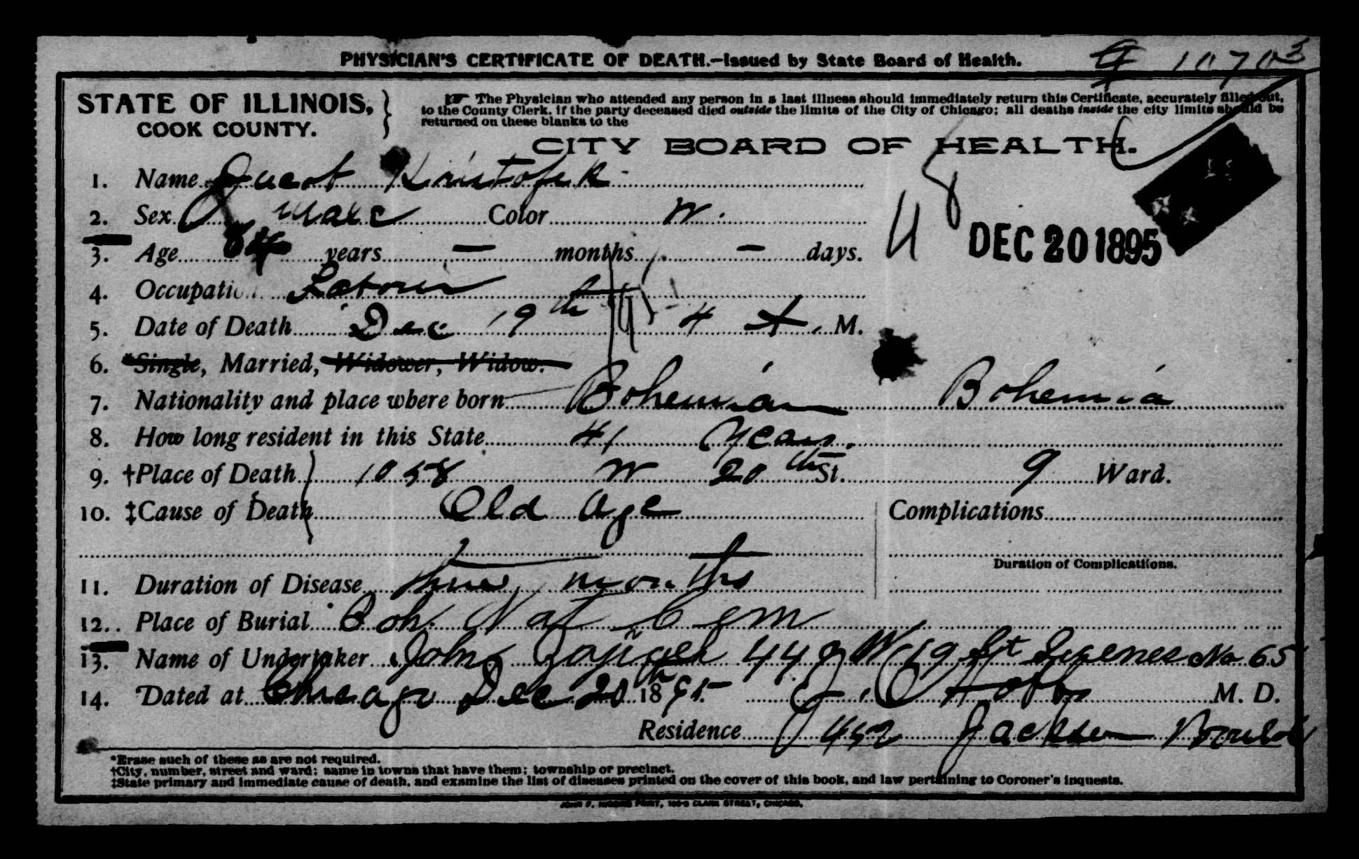 Jacob Kristufeck Death Certificate