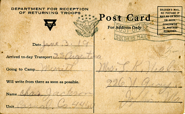 Back of Charles Jackson's YMCA postcard