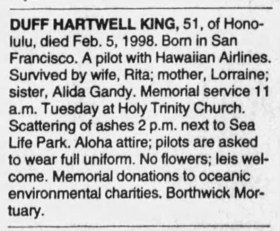 Duff H King Obituary