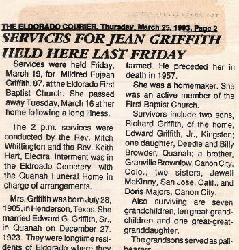 Obituary for Jean Griffith, Native of Eldorado, OK