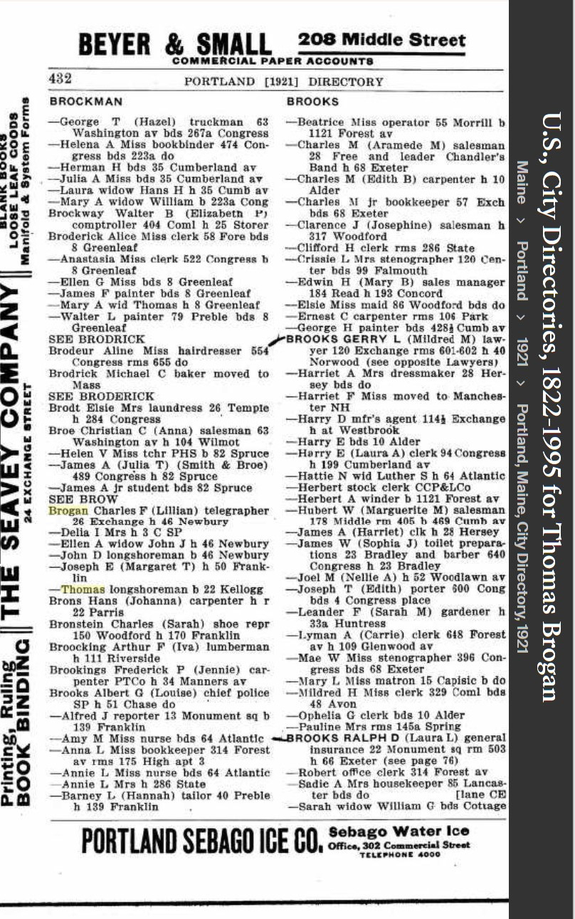 Thomas Michael Brogan --U.S., City Directories, 1822-1995(1921)