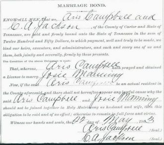 Marriage Bond Josie Manning & Aris P. Campbell