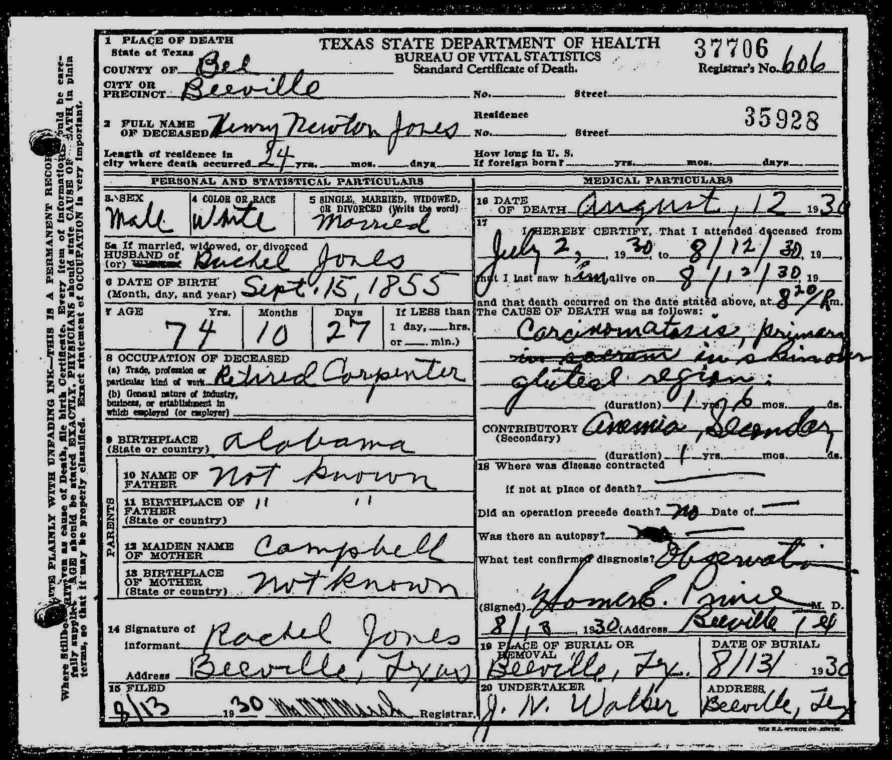 Henry Millard Mahan Death Cert.