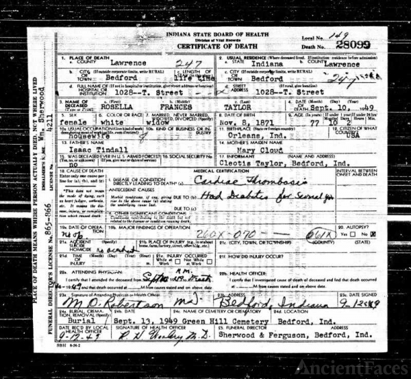 Rosella Frances Tindall Taylor's Death Certificate