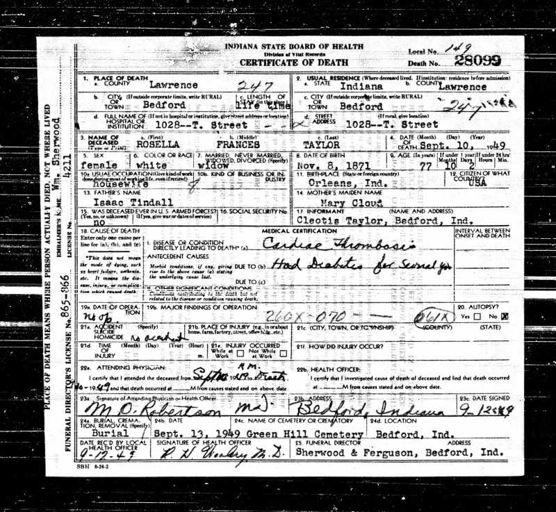 Rosella Frances Tindall Taylor's  Death Certificate