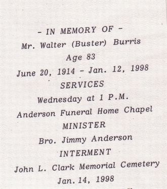 Walter (Buster) BURRIS funeral home bulletin