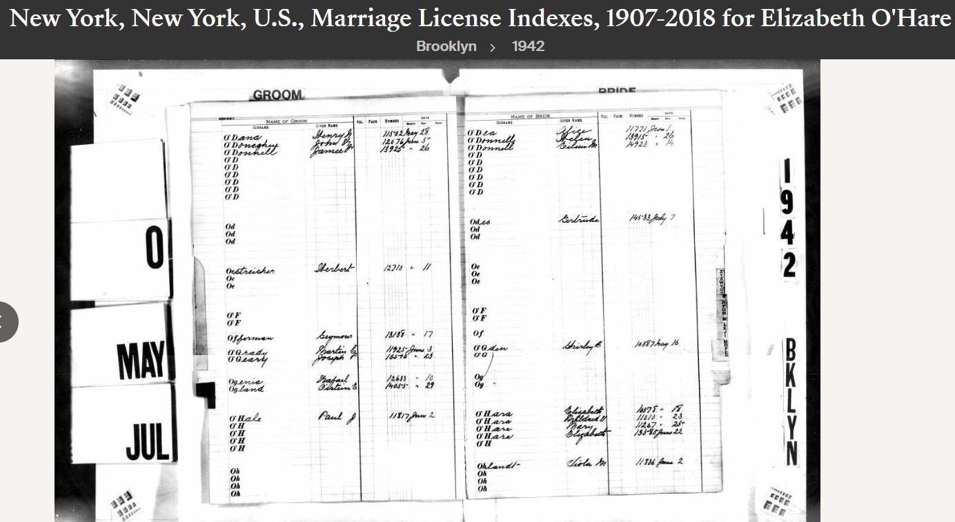 Mary Elizabeth (O'hare) Defronzo--New York, New York, U.S., Marriage License Indexes, 1907-2018(1942)