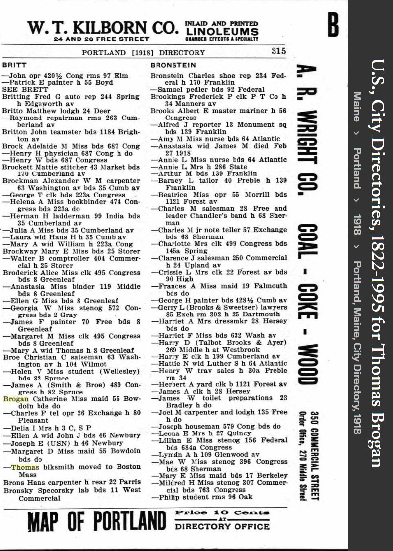 Thomas Michael Brogan --U.S., City Directories, 1822-1995(1918)
