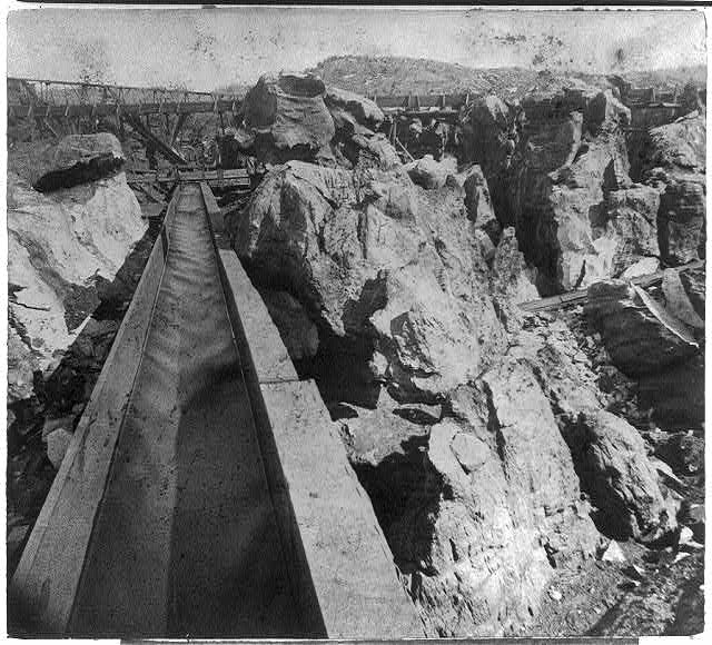 Placer mining - the flume and boulders, Columbia,...