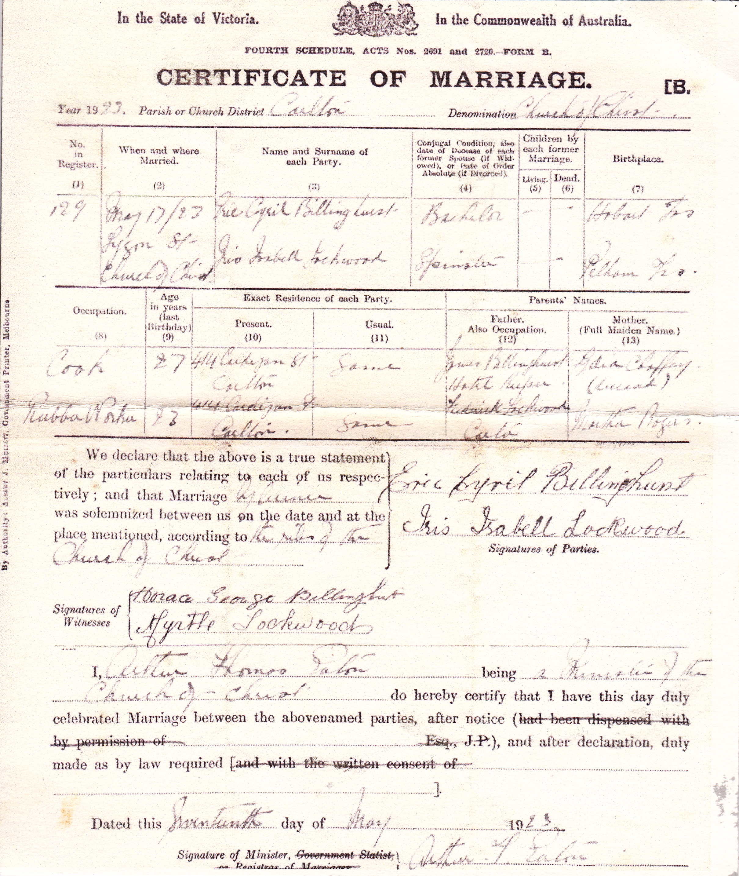 Eric Cyril Billinghurst marriage certificate