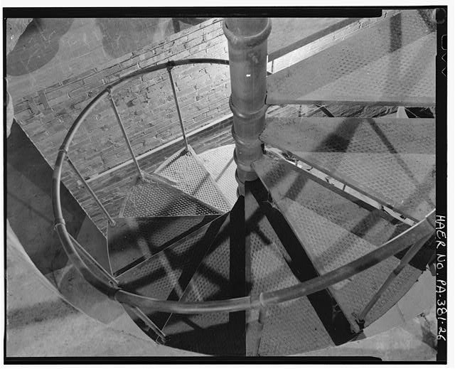 Detail of spiral staircase in center of 1945 warehouse -...