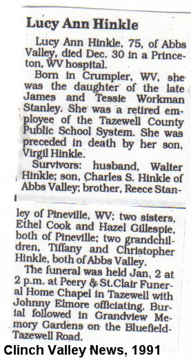 Obit of Lucy A. Hinkle