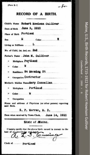 Robert Howison Gulliver--Maine, U.S., Birth Records, 1715-1922(1910)