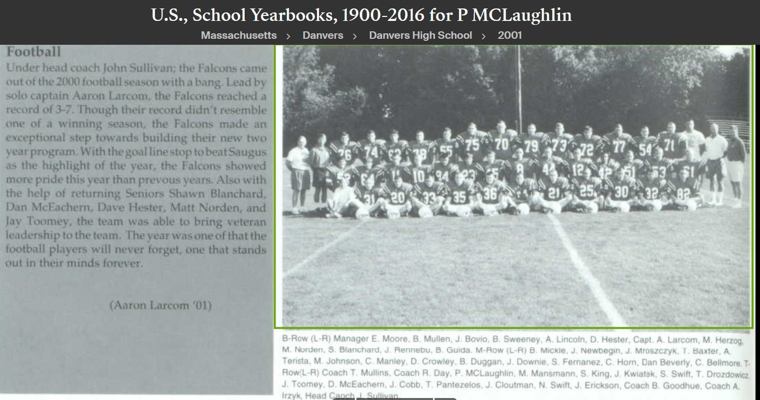 Patrick F McLaughlin--U.S., School Yearbooks, 1900-2016(2001)football