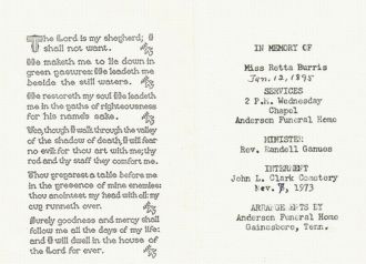 Retta Elizabeth BURRIS funeral home bulletin - 1885-1973