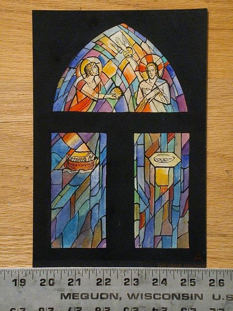 [Design drawing for stained glass window with ship, dove,...